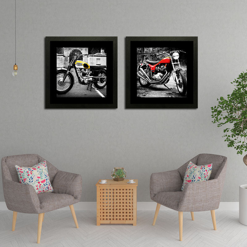 2 Piece Vintage Motorbike Framed Art - Retro Motorcycle Style