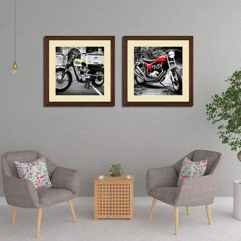 2 Piece Vintage Motorbike Framed Art - Retro Motorcycle Style