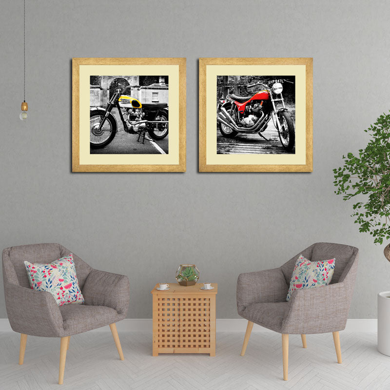 2 Piece Vintage Motorbike Framed Art - Retro Motorcycle Style