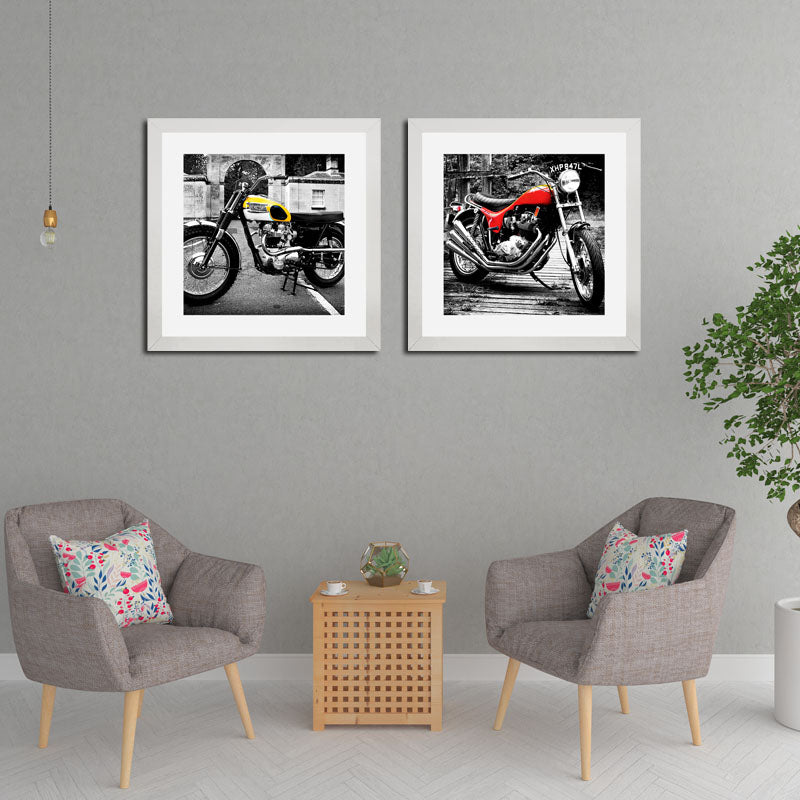 2 Piece Vintage Motorbike Framed Art - Retro Motorcycle Style