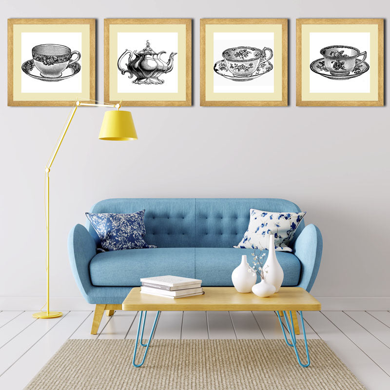 Set of 4 Vintage Tea Cups Wall Frames - Classic Tea Time Art