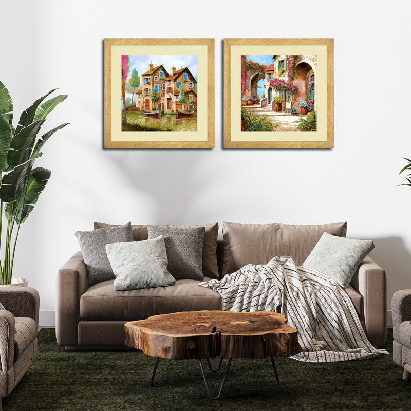 2 Piece Mediterranean Charm Wall Frame Set – Colorful Village & Courtyard Art