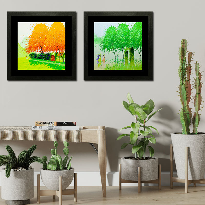 Set of 2 Seasons of Trees Wall Art – Whimsical Tree Landscape Framed Art