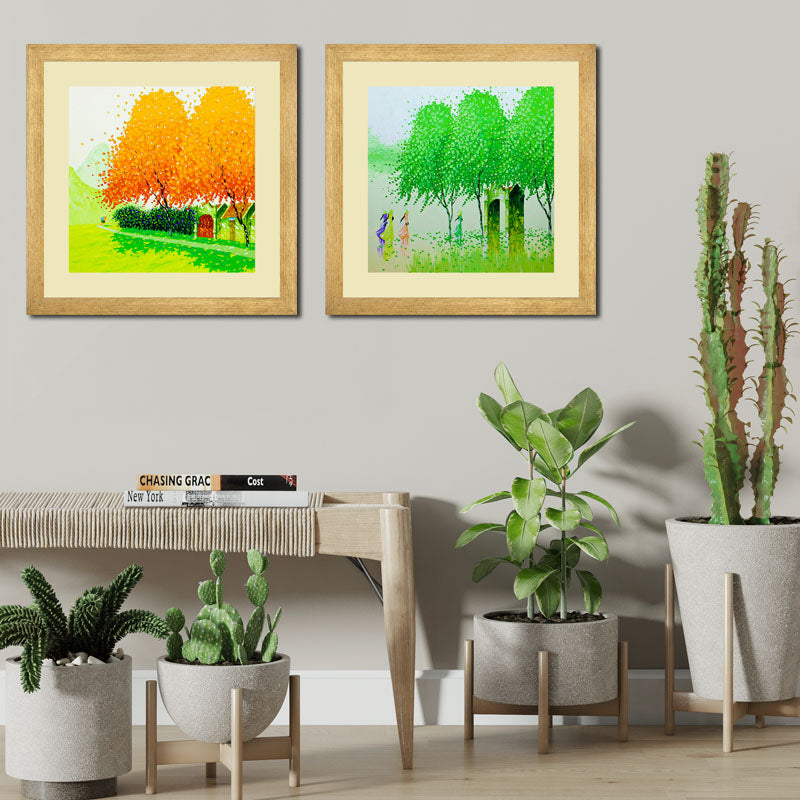 Set of 2 Seasons of Trees Wall Art – Whimsical Tree Landscape Framed Art