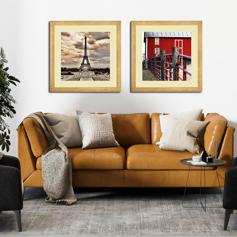 2 Piece City Meets Country Framed Wall Art – Eiffel Tower & Rustic Barn Wall Frame Set