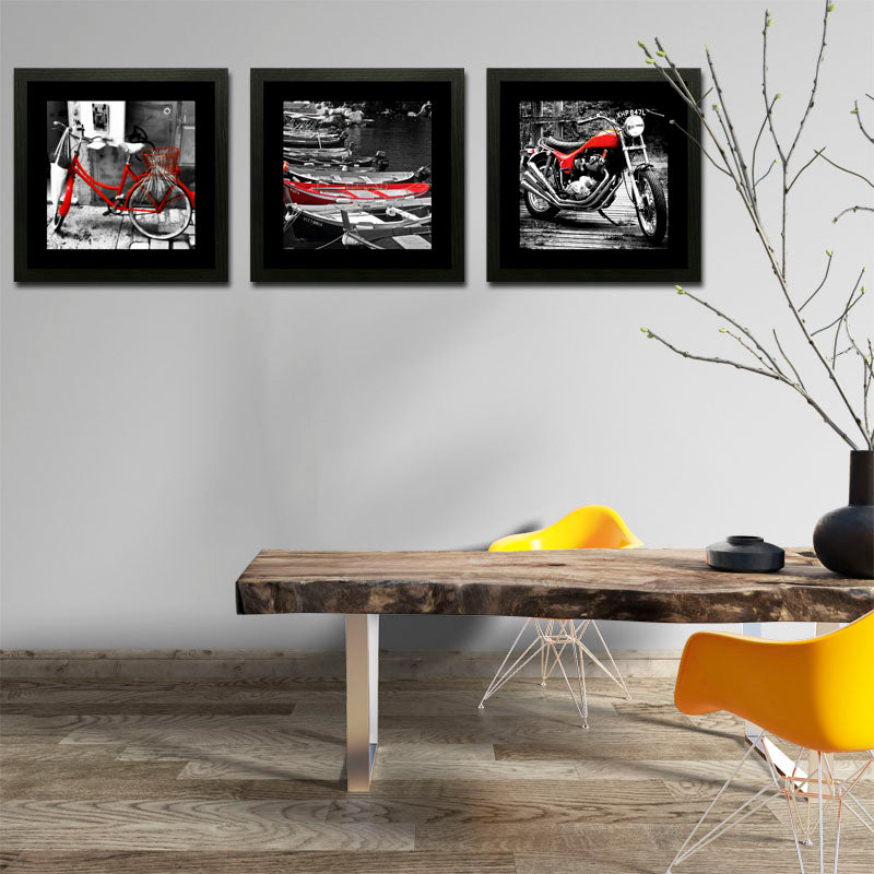 Set of 3 Bicycle & Motorcycle Wall Frames - Monochrome Vintage Ride