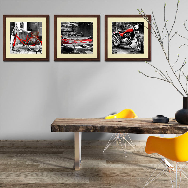 Set of 3 Bicycle & Motorcycle Wall Frames - Monochrome Vintage Ride