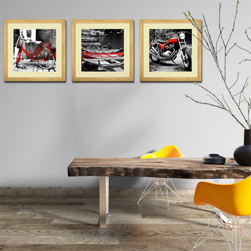 Set of 3 Bicycle & Motorcycle Wall Frames - Monochrome Vintage Ride