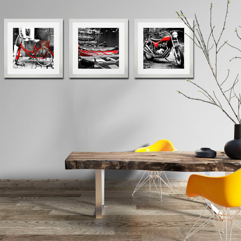 Set of 3 Bicycle & Motorcycle Wall Frames - Monochrome Vintage Ride