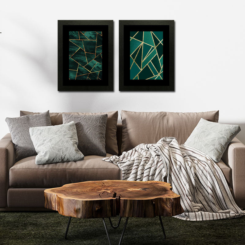 Set of 2 Emerald Lines Wall Frames – Abstract Gold Geometry