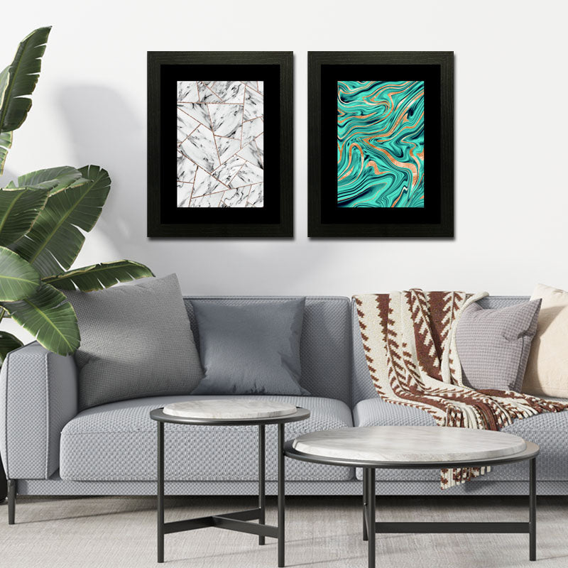 Set of 2 Marble Texture Wall Frames – Blue & White Swirl Art