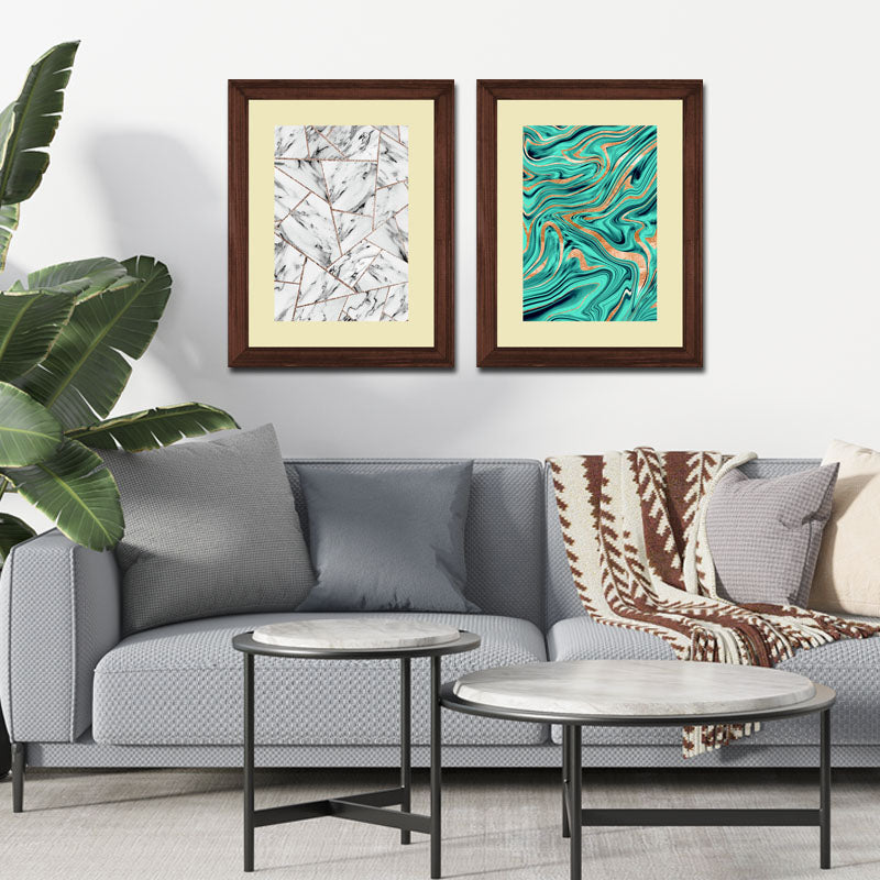 Set of 2 Marble Texture Wall Frames – Blue & White Swirl Art