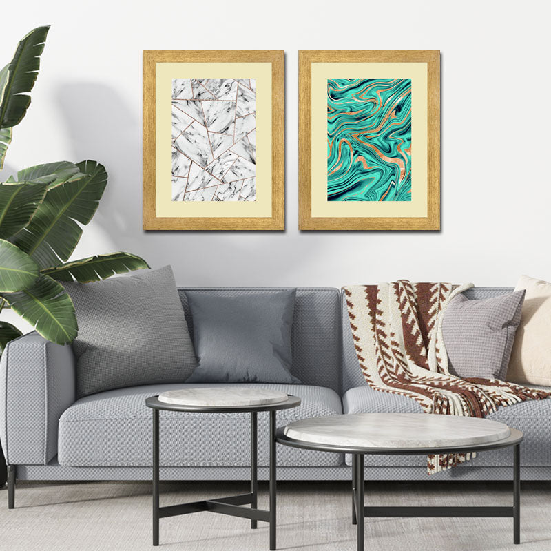 Set of 2 Marble Texture Wall Frames – Blue & White Swirl Art