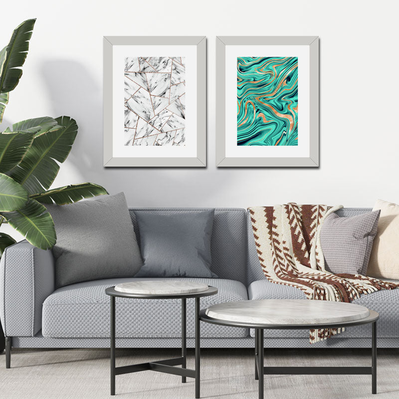Set of 2 Marble Texture Wall Frames – Blue & White Swirl Art