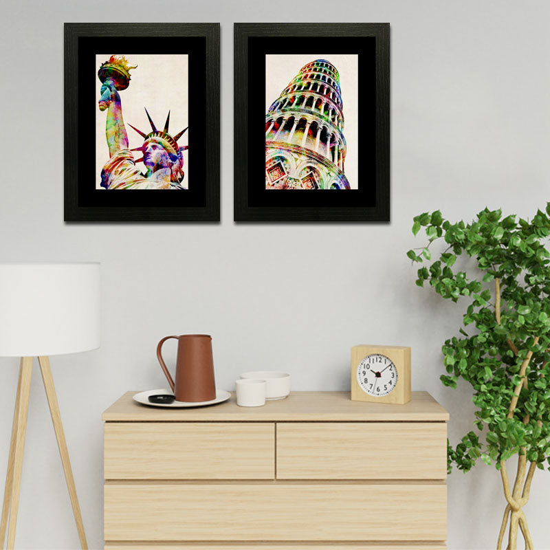 Set of 2 Landmark Sketch Wall Frames – Statue of Liberty & Leaning Tower