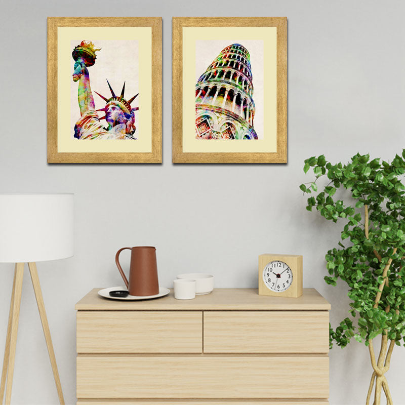 Set of 2 Landmark Sketch Wall Frames – Statue of Liberty & Leaning Tower