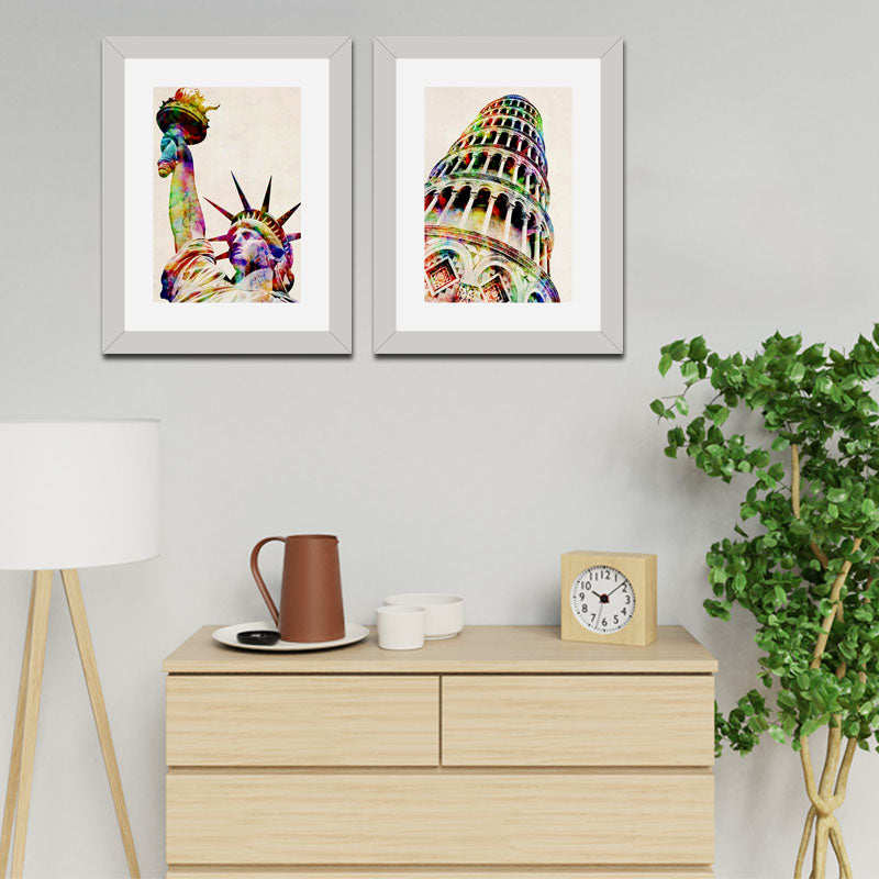Set of 2 Landmark Sketch Wall Frames – Statue of Liberty & Leaning Tower