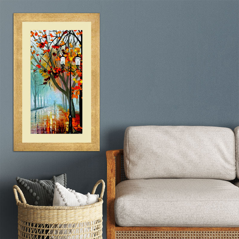 Autumn Tree Path Wall Frame – Bright Impressionist Forest Art