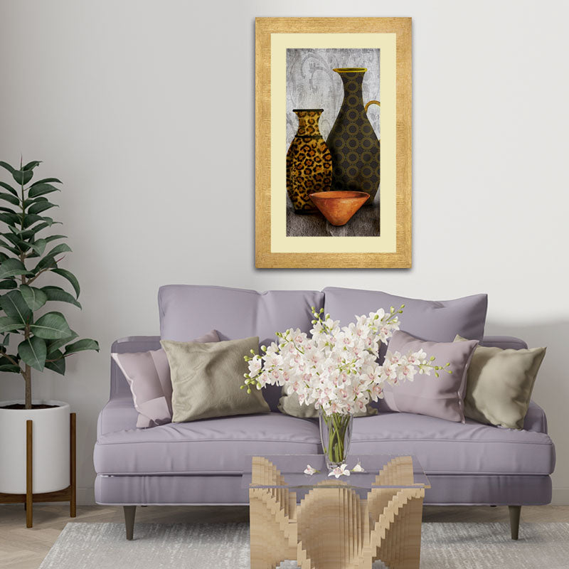 Golden Pottery Wall Frame – Antique Ceramic Still Life