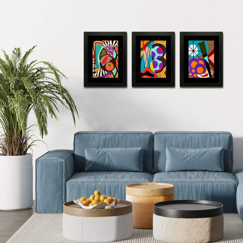 3 Piece Geometric Color Pop Wall Frame Set – Abstract Modern Art