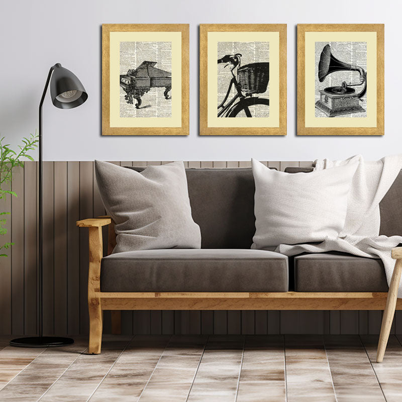 3 Piece Vintage Music Wall Frame Set – Gramophone, Bicycle & Horse Cart