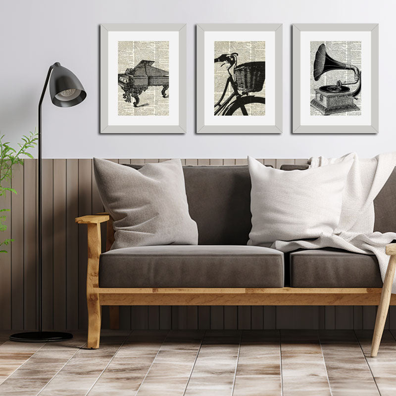3 Piece Vintage Music Wall Frame Set – Gramophone, Bicycle & Horse Cart