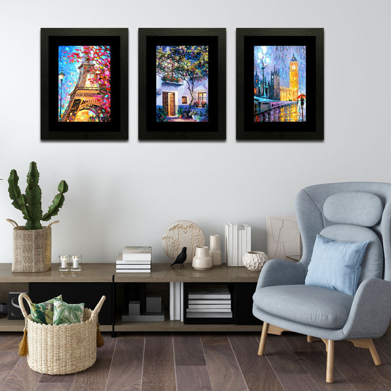 Set of 3 European City Lights Wall Frame Set – London & Italy Night Views