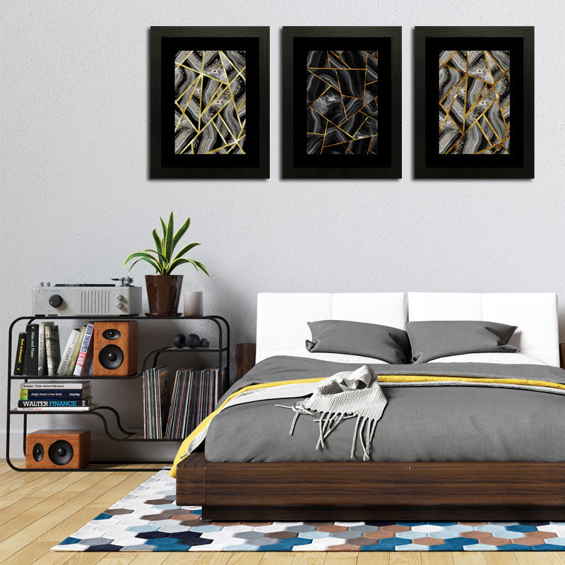 3 Piece Golden Net Abstract Wall Frame Set – Luxurious Geometric Art