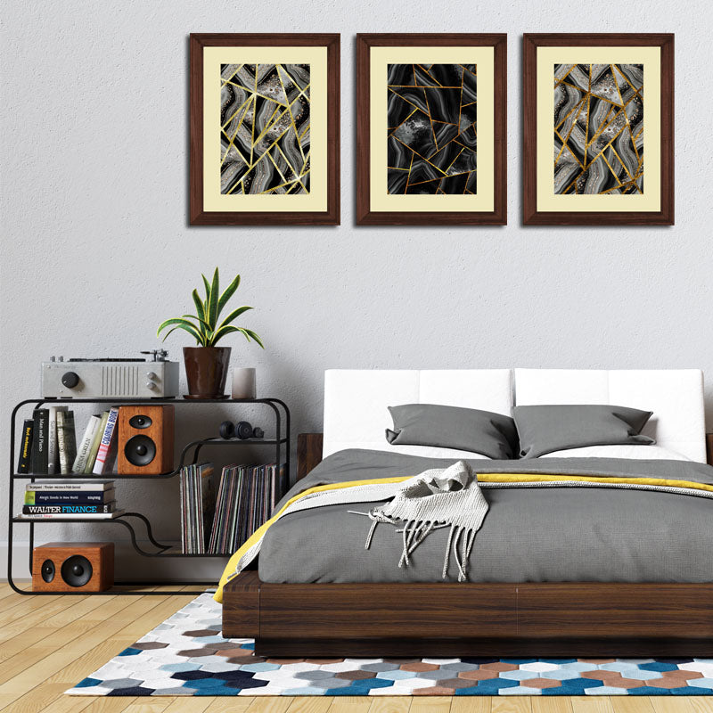 3 Piece Golden Net Abstract Wall Frame Set – Luxurious Geometric Art