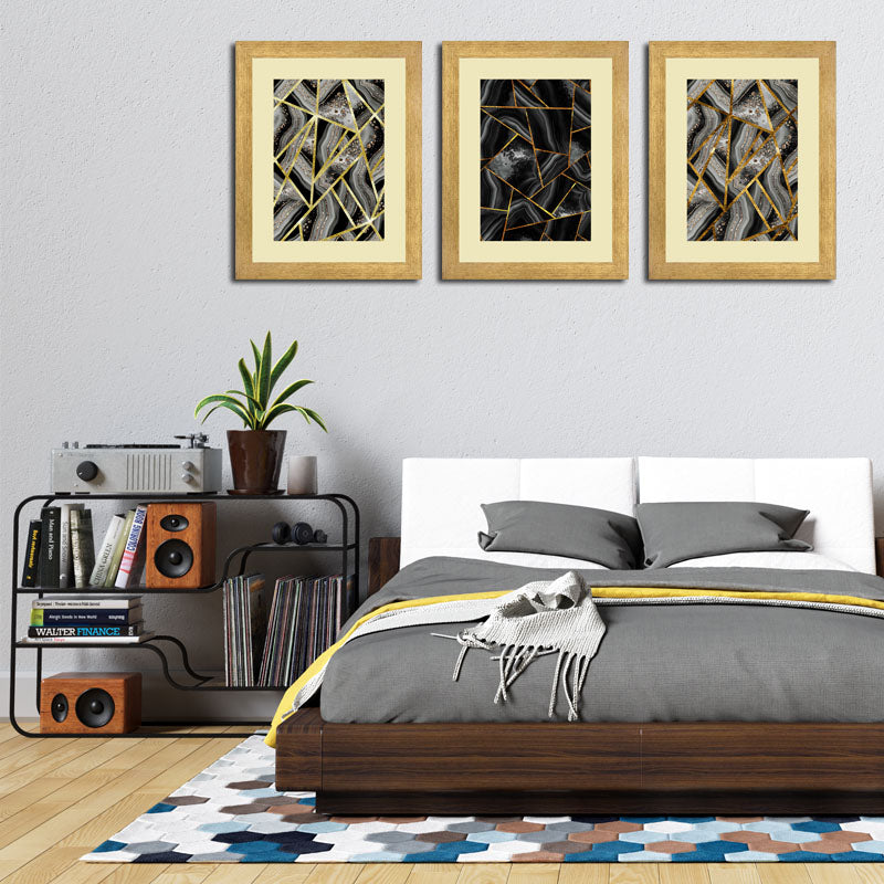 3 Piece Golden Net Abstract Wall Frame Set – Luxurious Geometric Art