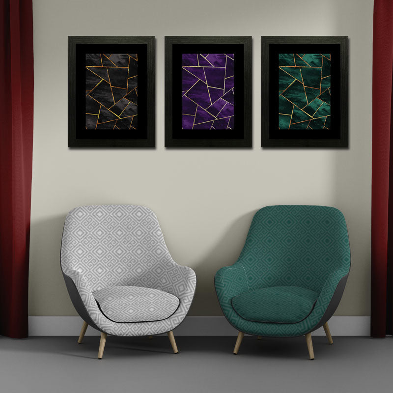 3 Piece Jewel Toned Abstract Wall Frame Set – Dark Elegant Lines