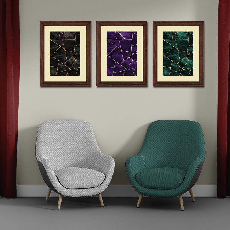 3 Piece Jewel Toned Abstract Wall Frame Set – Dark Elegant Lines