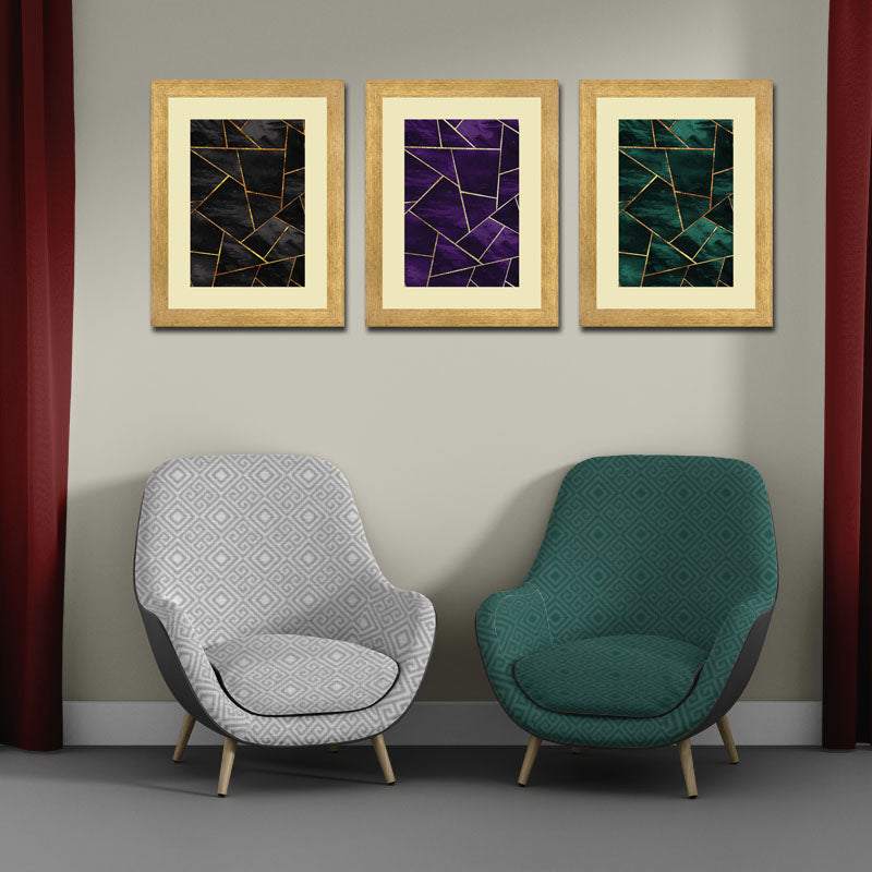 3 Piece Jewel Toned Abstract Wall Frame Set – Dark Elegant Lines