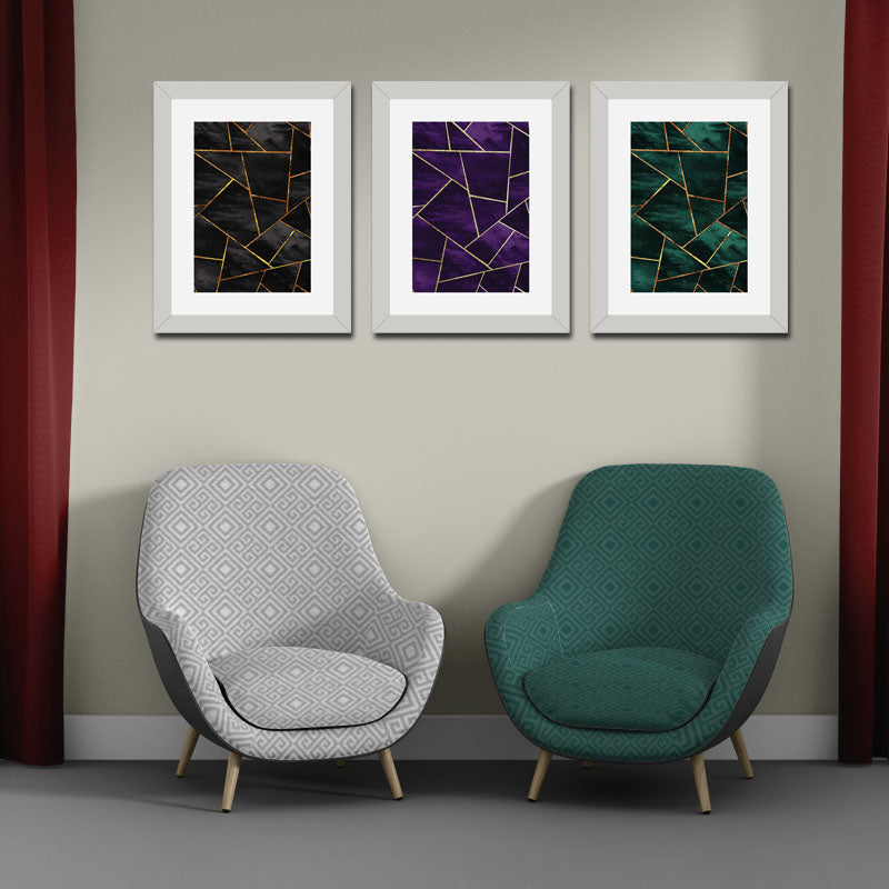 3 Piece Jewel Toned Abstract Wall Frame Set – Dark Elegant Lines