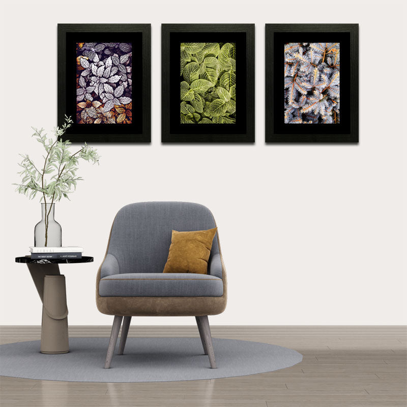Set of 3 Autumn Leaves Wall Frame Set – Brown, Green & Frosted Leaves
