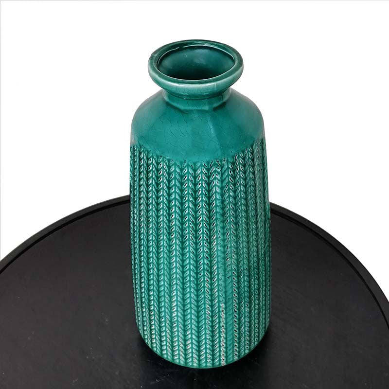 Ribbed Teal Ceramic Vase – Textured Modern Accent Piece