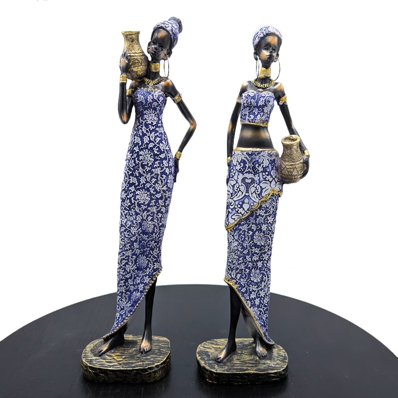 Set of 2 African Tribal Women Figurines in Blue Dress Artistic Decor