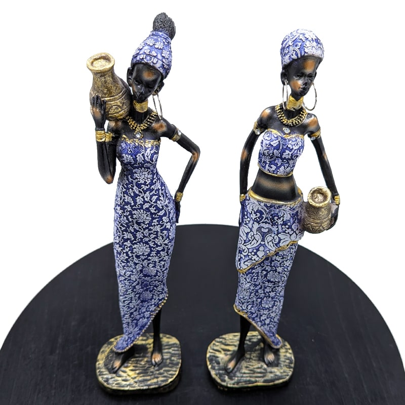 Set of 2 African Tribal Women Figurines in Blue Dress Artistic Decor