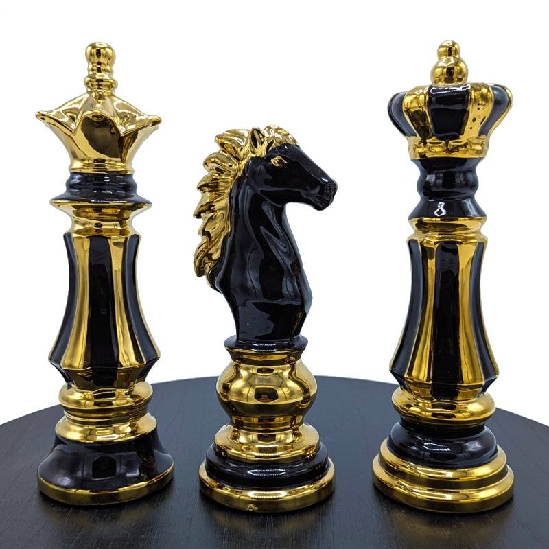 Set of 3 Gold Chess Piece Sculptures Living Room Accent