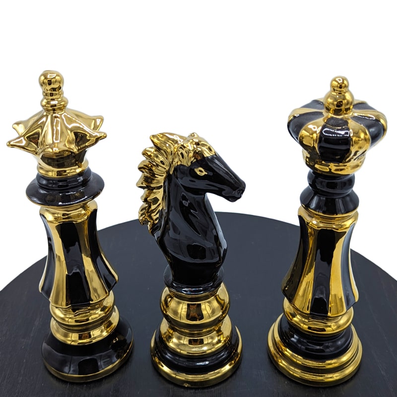 Set of 3 Gold Chess Piece Sculptures Living Room Accent