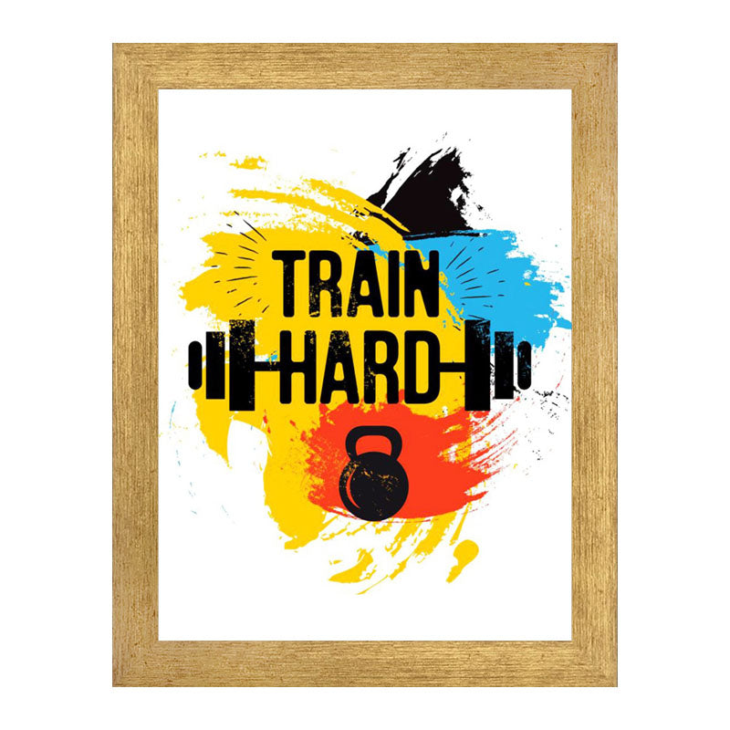 "Train Hard" Fitness Quote Frame – Bold Yellow Splash Art